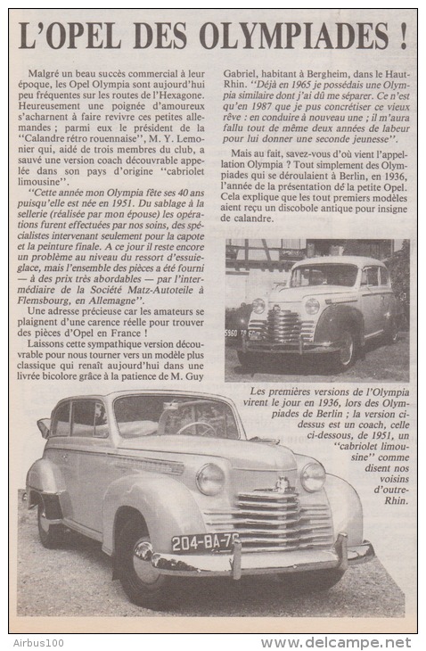 Coupure De Presse - OPEL OLYMPIA ... L'OPEL DES OLYMPIADES - - Auto's