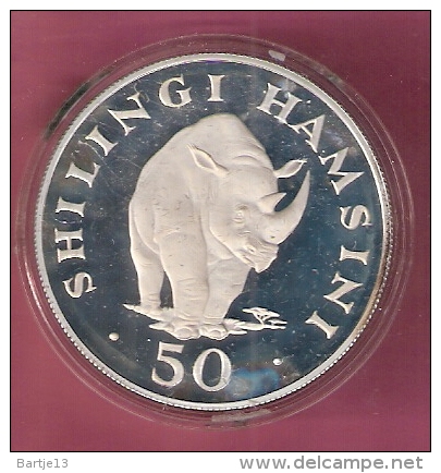 TANZANIA WWF 50 SHILINGI 1974 AG PROOF BLACK RHINOCEROS - Tanzanie