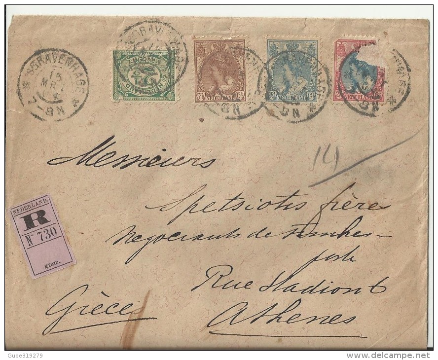 NETHERLANDS 1904 –REGISTERED COVER  MAILED FROM GRAVEHAGE  TO ATHENS /GREECE W 4  STS OF 2 ½-7 1/2-12 ½-27 (BROKEN)  CT. - Brieven En Documenten