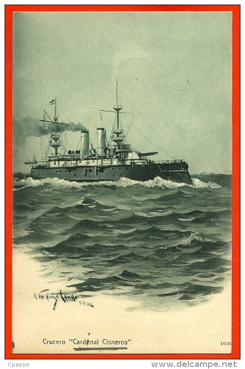 CPA Tarjeta Postal BATEAU De GUERRE "Crucero Cardenal Cisneros" Illustrateur Ricardo VERDUGO LANDI Espana Spain Espagne - Warships