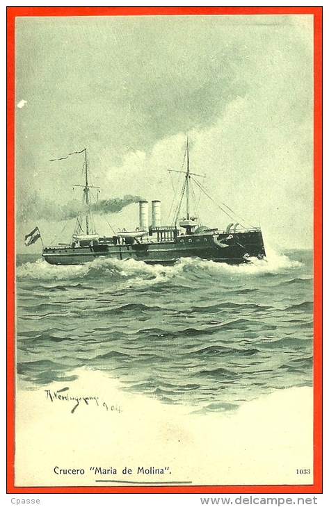 CPA Tarjeta Postal BATEAU De GUERRE "Maria De Molina" Illustrateur Ricardo VERDUGO LANDI Espana Spain Espagne - Warships