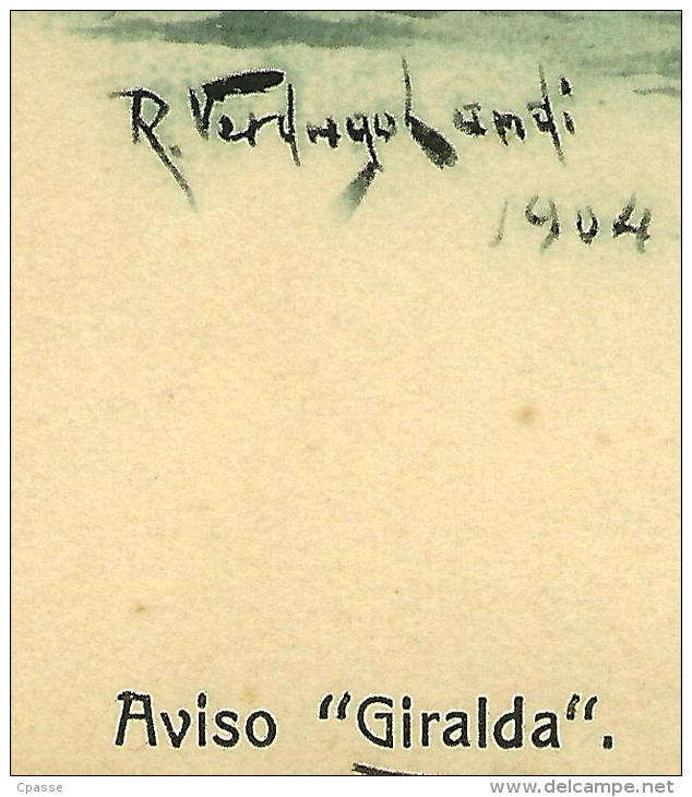 CPA Tarjeta Postal BATEAU De GUERRE Aviso "GIRALDA" YATE REAL, Illustrateur Ricardo VERDUGO LANDI Espana Spain Espagne - Warships