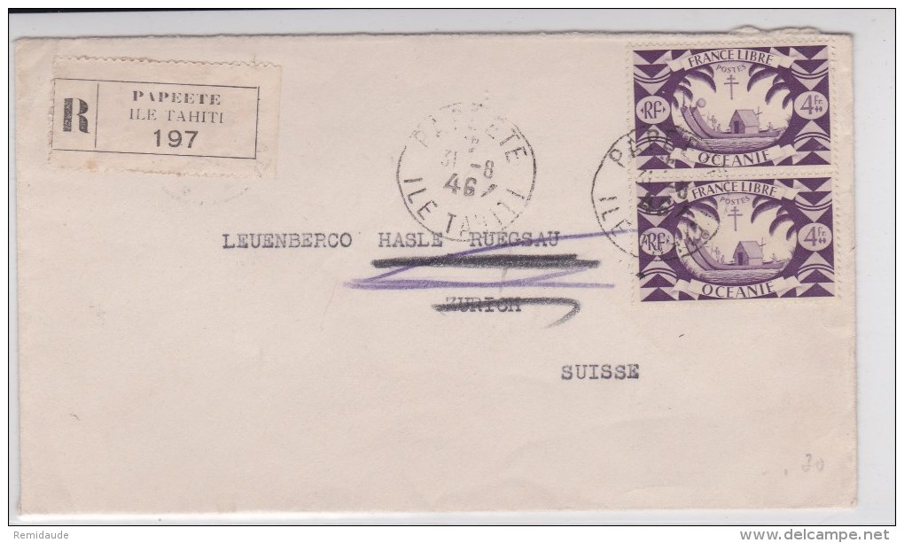 OCEANIE - 1946 - ENVELOPPE RECOMMANDEE De PAPEETE Pour HASLE RÜEGSAU (SUISSE) - EMISSION DE LONDRES - Storia Postale