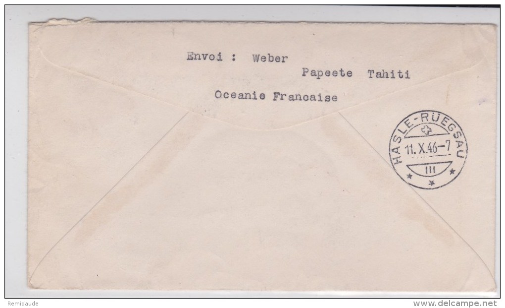 OCEANIE - 1946 - ENVELOPPE RECOMMANDEE De PAPEETE Pour HASLE RÜEGSAU (SUISSE) - EMISSION DE LONDRES - Storia Postale