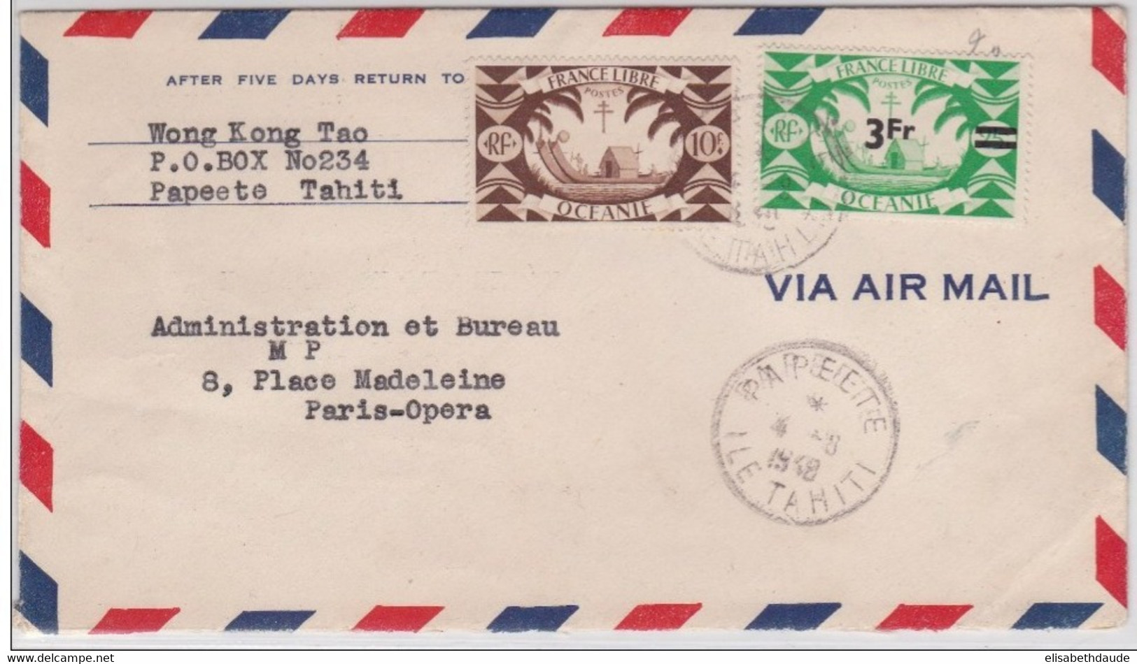 OCEANIE - 1948 - ENVELOPPE Par AVION De PAPEETE Pour PARIS - EMISSION DE LONDRES - Storia Postale