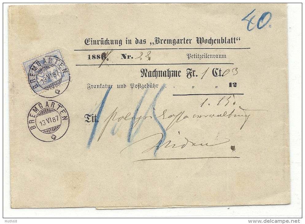 1887 Nachnahme Von Bremgarten  Nach Rudolfstetten - Covers & Documents