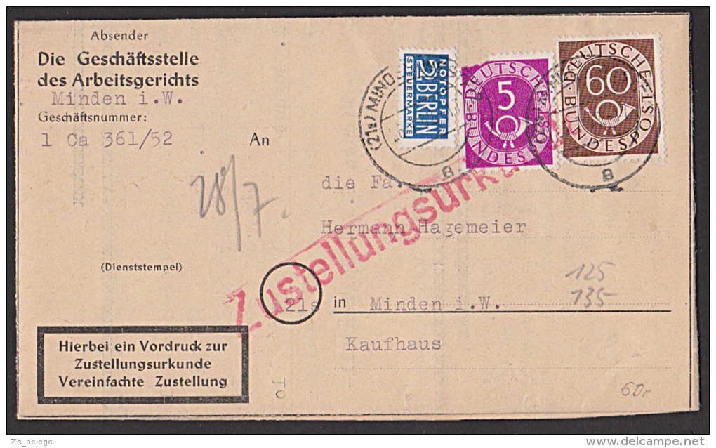 BRD 5 U. 60 Pf "Ziffern Mit Posthorn" Mit NO Auf Bf Zustellungsurkunde Aus Minden, 5 Pf-Mke Defekt - Lettres & Documents