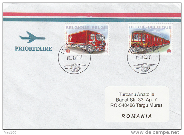 STAMPS ON REGISTERED COVER, NICE FRANKING, TRAIN, TRUCK, 2011, BELGIUM - Lettres & Documents