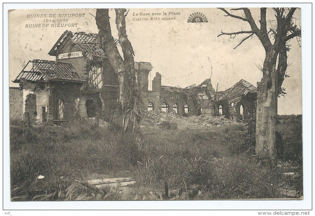 M-A@ CPA RUINES DE NIEUPORT, LA GARE AVEC LA PLACE, RUINS OF NIEUPORT STATION WITH SQUARE, NIEWPOORT, BELGIQUE - Nieuwpoort