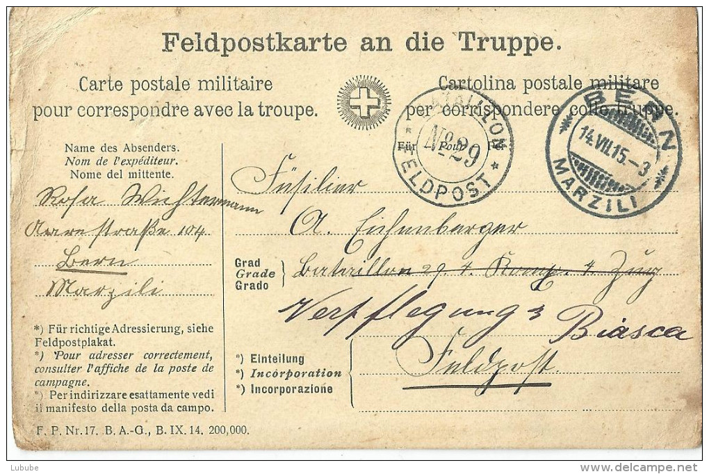 Feldpost Karte  Bern Marzili - Bataillon 29 - Biasca             1915 - Oblitérations