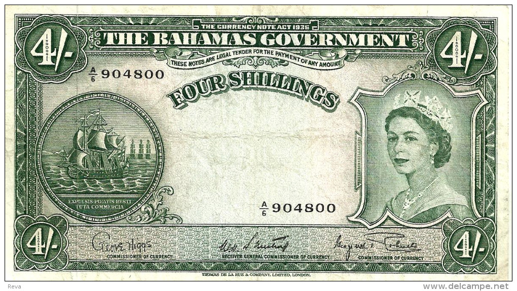 BAHAMAS ISLANDS BRITISH 4 SHILLINGS GREEN WOMAN QEII HEAD SHIP FRONT ARMS BACK ND(1953) AVF P.13d READ DESCRIPTION !! - Bahamas