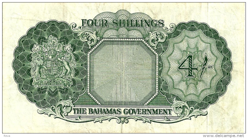 BAHAMAS ISLANDS BRITISH 4 SHILLINGS GREEN WOMAN QEII HEAD SHIP FRONT ARMS BACK ND(1953) AVF P.13d READ DESCRIPTION !! - Bahamas