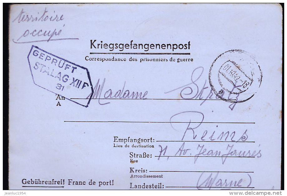 REIMS TERRITOIRE OCCUPE MADAME STRATZ 71 AVENUE JEAN JAURES / LONGUE CORRESPONDANCE - Guerra De 1939-45