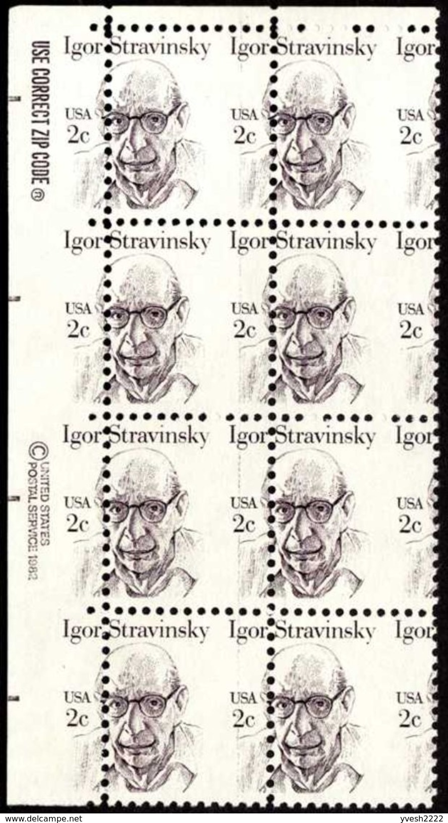 USA 1982  Y&T 1462.  Bloc De 8, Piquage à Cheval. Igor Stravinsky, Compositeur. Neufs Sans Charnières. MNH - Music