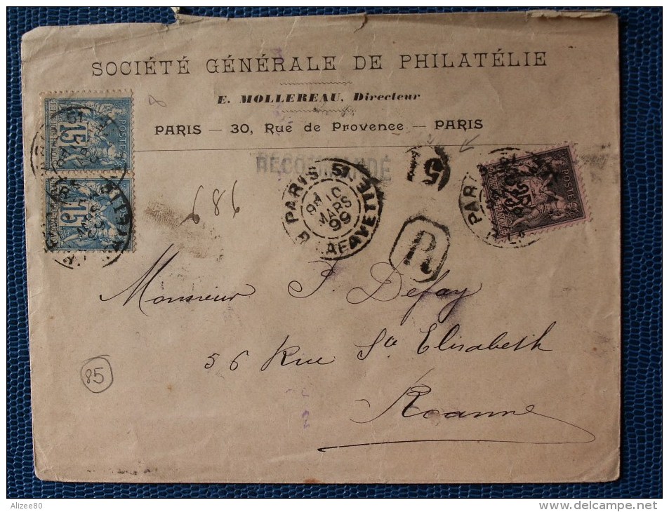 "" ENV.  1899   RECOMMANDEE/  CACHET FACTEUR BOITIER - R - 3 TP TYPE SAGE/ CACHET CIRE AU DOS  "" - Unclassified