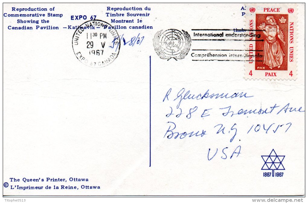ONU New-York. Carte Ayant Circulé. Exposition Universelle De 1967. - 1967 – Montreal (Kanada)