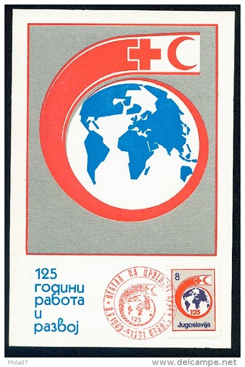 Yugoslavia 1988. Maximum Card ´Red Cross, Stamp Nominal 8 Din.´ Card ´125 Years Of Work And Development´ Red Skopje Canc - Maximumkaarten