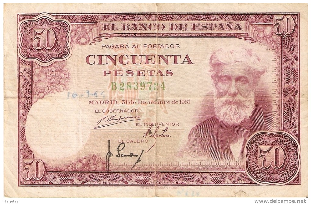 BILLETE DE ESPAÑA DE 50 PTAS DEL 31/12/1951 SERIE B  (BANKNOTE) - 50 Pesetas