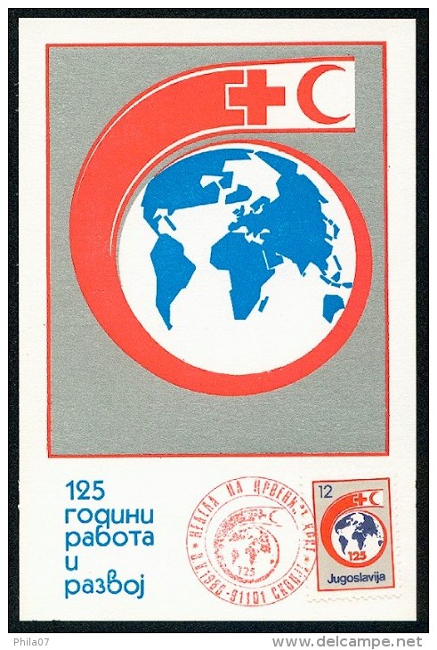 Yugoslavia 1988. Maximum Card ´Red Cross, Stamp Nominal 12 Din´ Card ´125 Years Of Work And Development´ Red Skopje Canc - Cartes-maximum