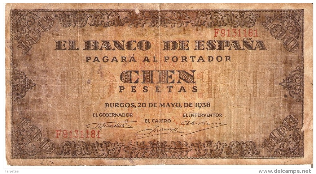 BILLETE DE ESPAÑA DE 100 PTAS 20/05/1938 SERIE F (BANK NOTE) - 100 Peseten