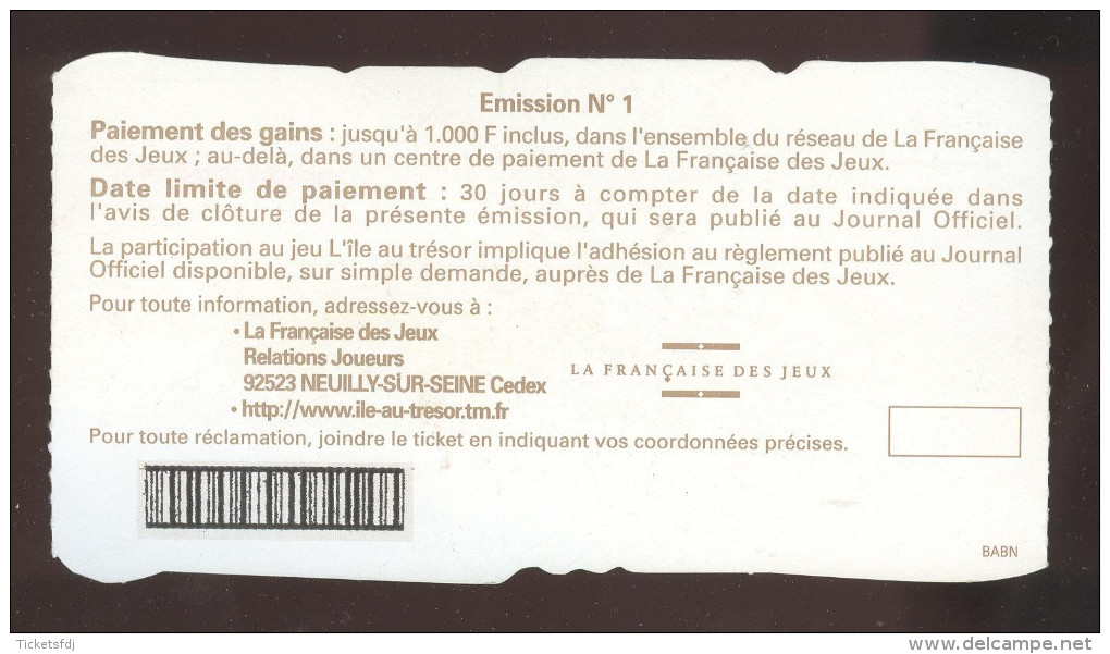 FRANCAISE DES JEUX - ILE AU TRESOR 49882 BABN 32 Mm - Trait Bleu - Billets De Loterie