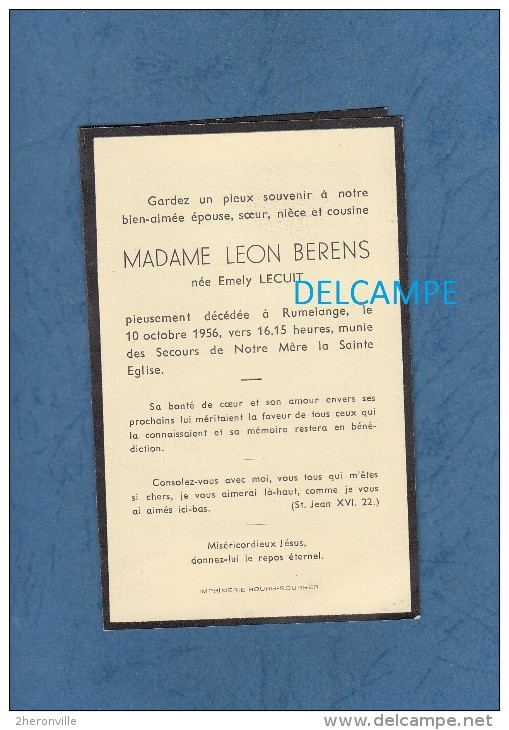Carte Ancienne De Décés - RUMELANGE , LUXEMBOURG - Mme Léon BERENS , Née Emely LECUIT - 1956 - Décès