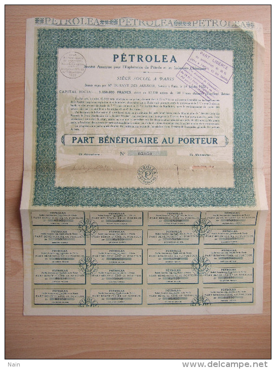 PETROLEA - SOCIETE ANONYME POUR L' EXPLOITATION DU PETROLE ET LES INDUSTRIES CHIMIQUES - PART BENEFICIAIRES - Aardolie