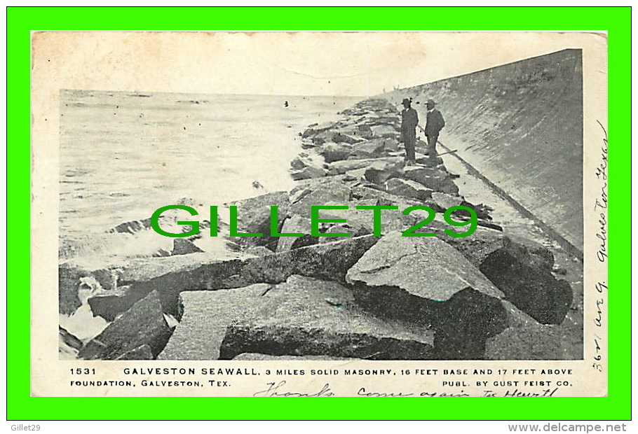 GALVESTON, TX - SEAWALL, 3 MILES SOLID MASONRY -PUB. BY GUST FEIST CO - ANIMATED - UNDIVIDED BACK - TRAVEL IN 1905 - - Galveston