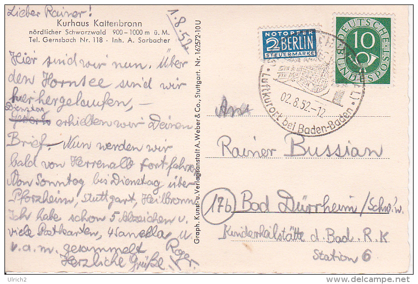 AK Kurhaus Kaltenbronn Nördlicher Schwarzwald - 1952 (5213) - Gernsbach