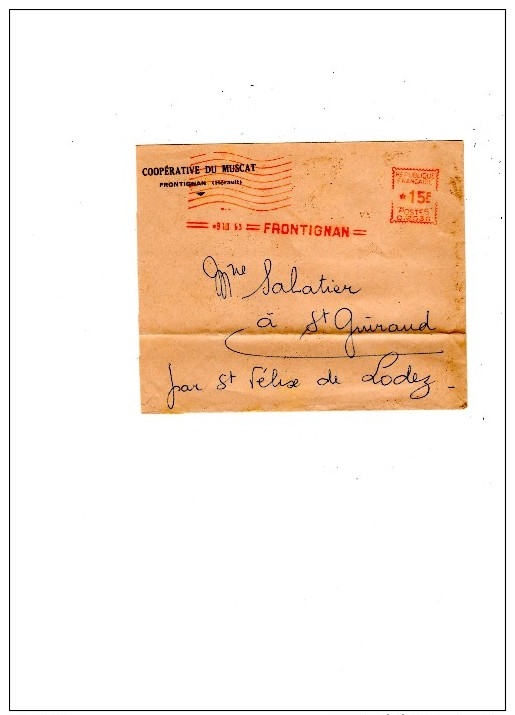 1953 Enveloppe De La Coopérative Du MUSCAT DE FRONTIGNAN Avec Oblitération Mécanique Rouge - Oblitérations Mécaniques (Autres)