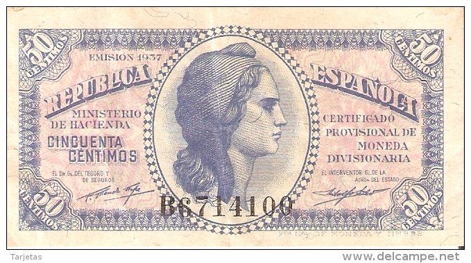 BILLETE DE ESPAÑA DE 50 CTS DEL AÑO 1937 MBC LETRA B  (BANKNOTE) - Otros & Sin Clasificación