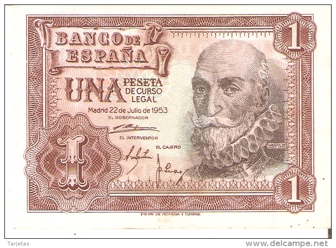 BILLETE DE 1 PTA DEL 22/07/1953 SERIE S SIN CIRCULAR-UNCIRCULATED  (BANKNOTE) COLOR ROJIZO - 1-2 Pesetas