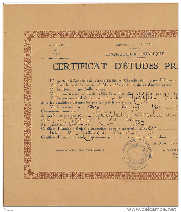 Diplôme Scolaire : Certificat D'Etudes Primaires (1938), Académie De Caen, Rouen (24,5 Cm Sur 32 Cm) - Diplome Und Schulzeugnisse