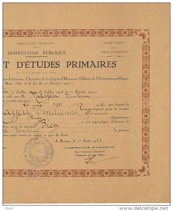 Diplôme Scolaire : Certificat D'Etudes Primaires (1938), Académie De Caen, Rouen (24,5 Cm Sur 32 Cm) - Diplome Und Schulzeugnisse