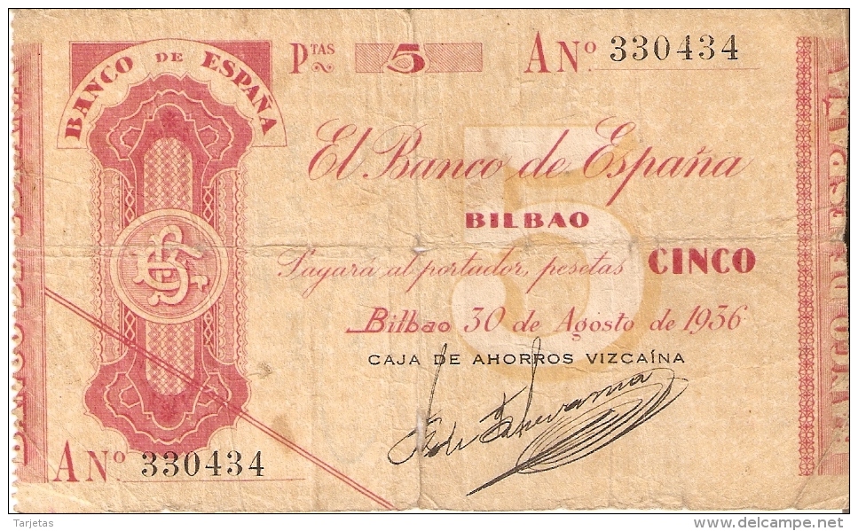 BILLETE DE ESPAÑA  5 PTAS DEL BANCO DE BILBAO AÑO 1936  (BANKNOTE) CAJA AHORROS VIZCAINA - 5 Peseten