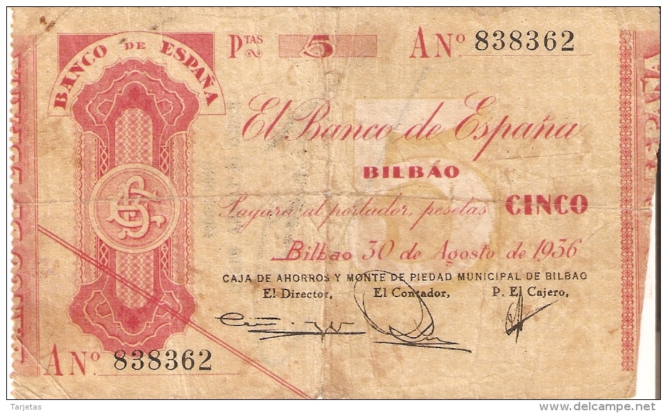 BILLETE DE ESPAÑA  5 PTAS DEL BANCO DE BILBAO AÑO 1936 SERIE A (BANKNOTE) CAJA AHORROS MONTE PIEDAD - 5 Pesetas