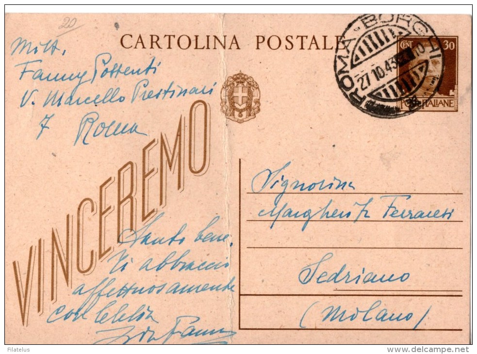 CARTOLINA POSTALE-INTERO POSTALE-VINCEREMO- CENT.30-ANNULLO DI ROMA-BORGHI-27-10-1943-REPUBBLICA SOCIALE ITALIANA - Entiers Postaux