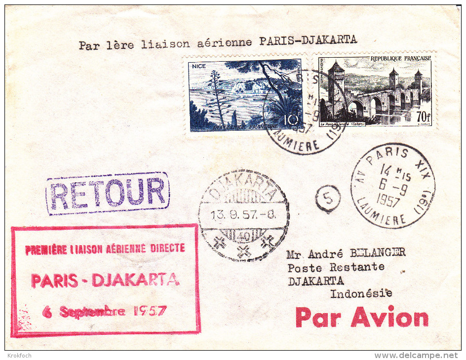 Paris à Djakarta 1957 - 1er Vol - Indonésie Indonesia - 1960-.... Lettres & Documents