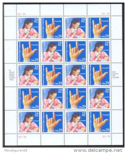 USA 1993 Deaf  Pane Of 20 X 29c MNH SC 2783-2884sp YV BF-2190-2191 MI SH2395-96 SG MS2845-46 - Sheets