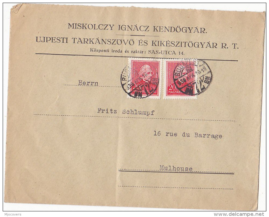 1936 HUNGARY Stamps COVER To Mulhouse FRANCE Miskolczy Ignacz Kendogyar Ujpesti Tarkanszovo Es Kikeszitogyar - Brieven En Documenten