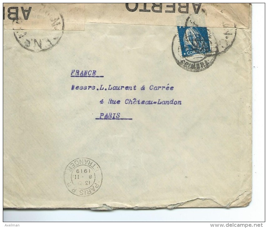 ENVELOPPE: Du Portugal, 1919 Bande Et Cachet De Censure à Destination De Paris - Machines à Affranchir (EMA)