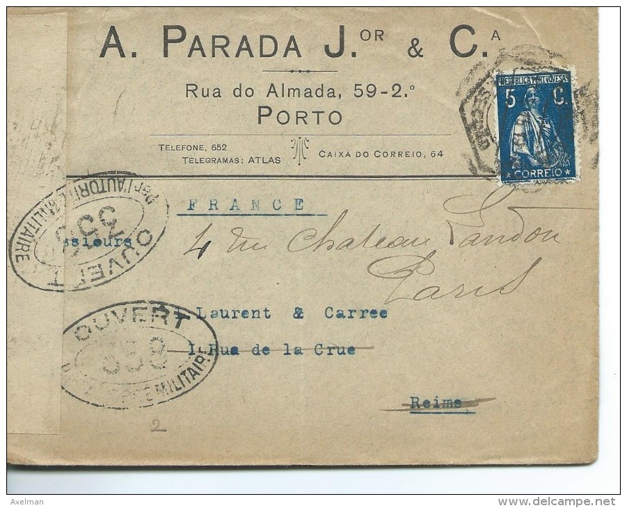 ENVELOPPE: Parada & C; Porto, 1916 Bande Et Cachets De Censure à Destination De Reims - Machines à Affranchir (EMA)