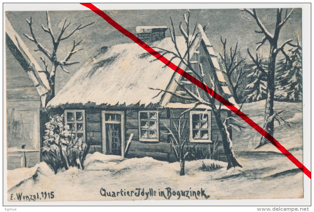 PostCard -  Boguzinek, Quartier-Idylle, 1915 Im Winter - Feldpostkarte Mit Briefstempel Landwehr-Jäger-Btl. - Pologne