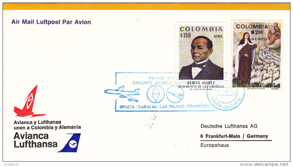 Inaugural Flight  Bogota Caracas Las Palmas Frankfurt 1973 Lufthansa -  Erstflug - 1er Vol - Canaries Colombia Canarias - Colombie