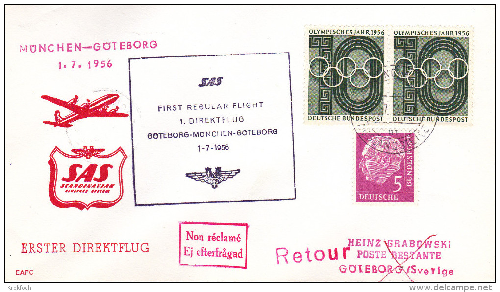 Inaugural Flight  Goteborg Munchen  1956 SAS-  Erstflug - 1er Vol - Munich - Lettres & Documents