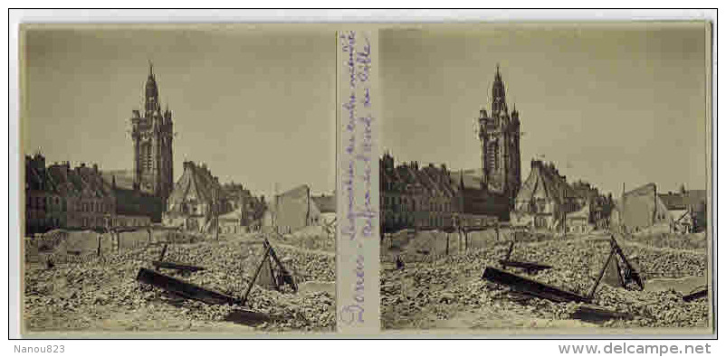 APRES LE BOMBARDEMENT DOUAI PHOTO STEREOSCOPIQUE " Le Quartier Du Centre Incendié Beffroi De L'Hôtel De Ville  " Stéréo - Stereoscopic