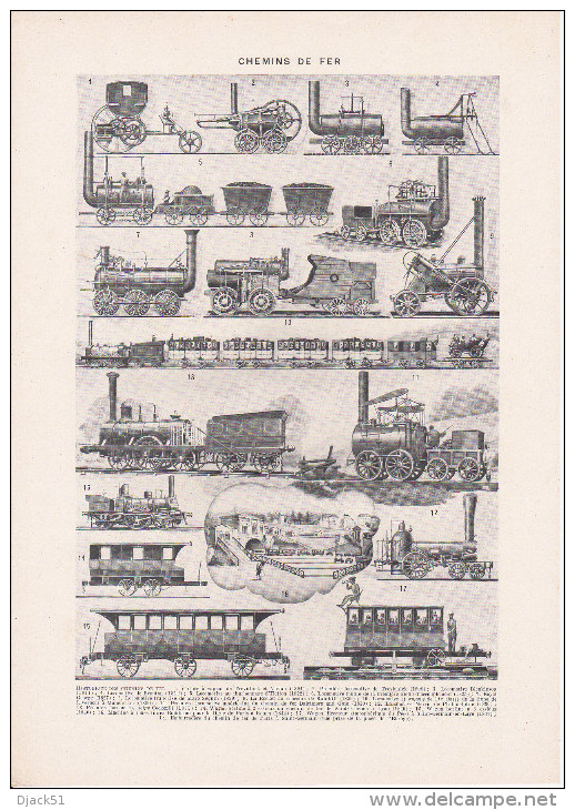 Planche " Chemins De Fer " Recto / Verso / Historique Des Chemins De Fer / Schéma Gare, Train, Wagons, Locomotives ... - Chemin De Fer