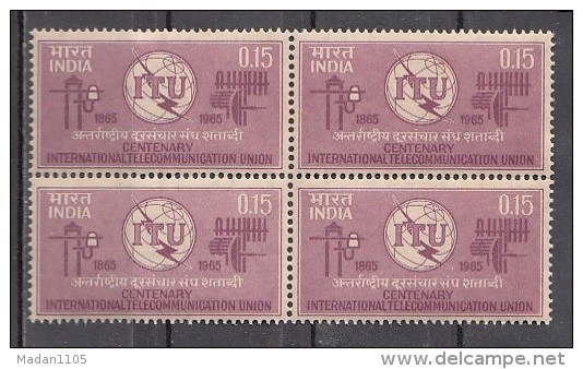 INDIA, 1965,  International Telecommunication  Union, Telecom , ITU Embelem And Symbols, Block Of 4, MNH, (**) - Neufs