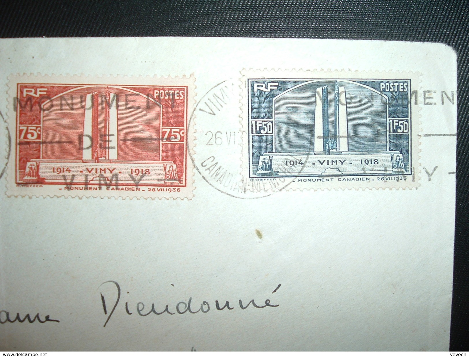 LETTRE TP VIMY 75C + TP VIMY 1F50 OBL. MEC. 26 VII 36 VIMY FRANCE CANADIAN MEMORIAL - ....-1949