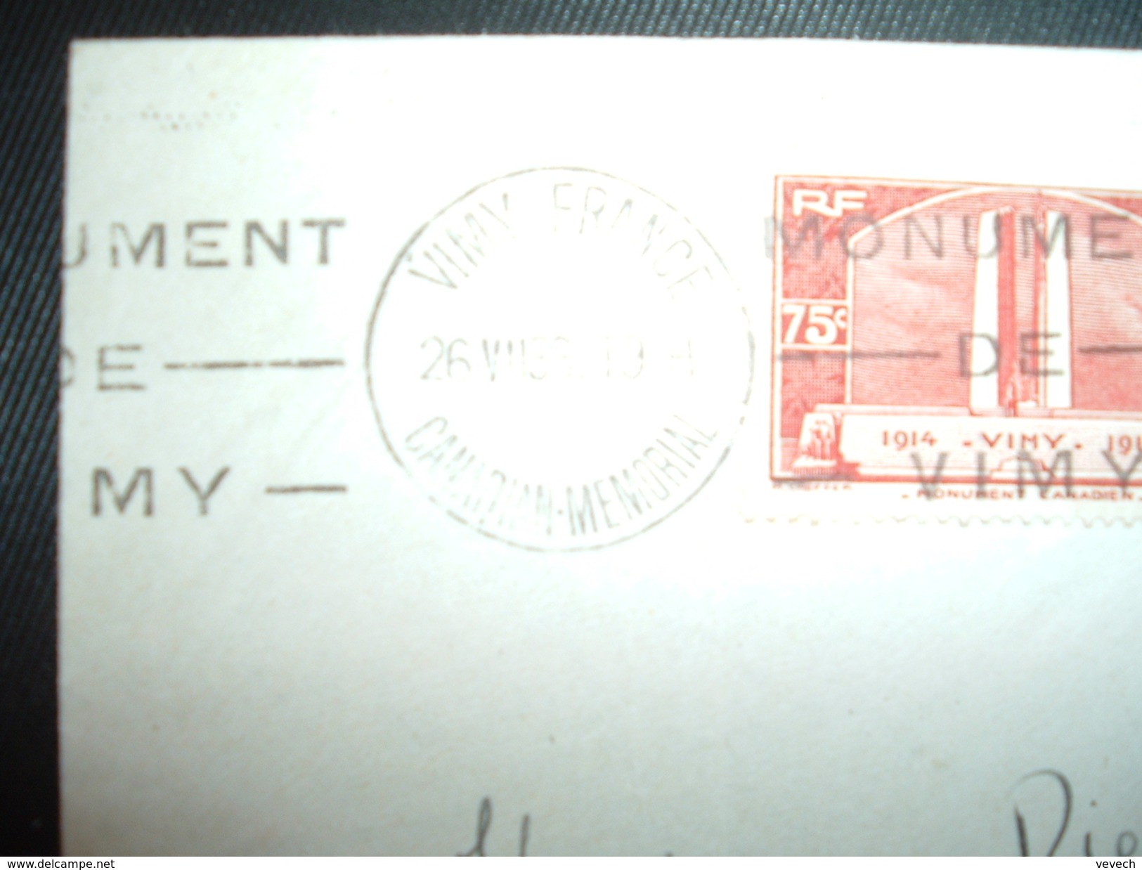 LETTRE TP VIMY 75C + TP VIMY 1F50 OBL. MEC. 26 VII 36 VIMY FRANCE CANADIAN MEMORIAL - ....-1949